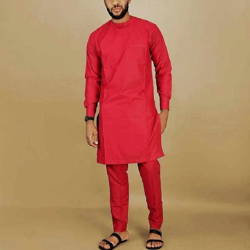 African Fashion Men's Groom Suit Solid Red Tops+Trousers Custom Made Man Dashiki Outfits Pant Set For Party African Fashion Men's Groom Suit Solid Red Tops+Trousers Custom Made Man Dashiki Outfits Pant Set For Party