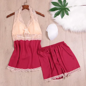 

Sleeveless Strap Sleepwear Lace Women 2PCS Pajamas Set Satin Nightwear Sexy Bride Bridesmaid Wedding Gown Negligee Home Wear