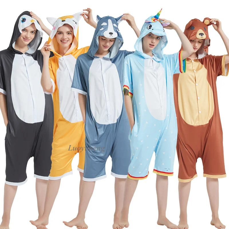 Girls Boys Kigurumi Pajamas Unicorn Cartoon Summer Animal Panda Onesies Kids Sleepwear Short-sleeves Baby Jumpsuit Women Pyjamas