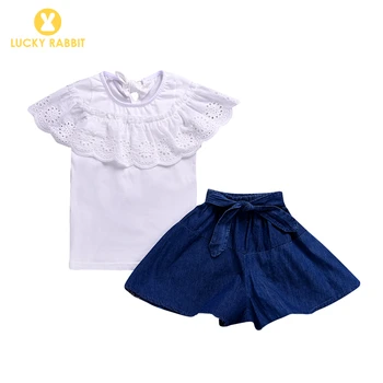 

2019 Girls Clothing Kids Clothes Denim Short Sets Cotton Summer Version Girl Lace Ruffle T-Shirt Clothes 2 Pieces Clothing Set