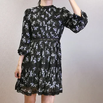 

Women's Lace Patchwork Mini Dress Hollow out Three Quarter Sleeve O-neck Floral Print Elegant Short Dress 2020 Spring Summer New