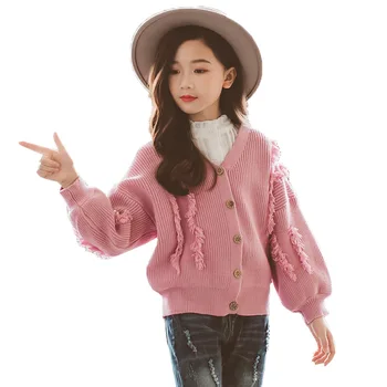 

red Cardigan sweater 2019 winter thick warm kids jumper age for 3 - 12 yrs baby girls sweater button long sleeve knitwear tops