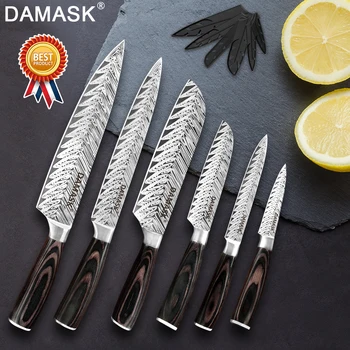 

Damask Kitchen Knives Set 7Cr17 Mov Stainless Steel Kitchen Knife High-End Fish Bone Pattern Blade with Free Gift Knife Cover