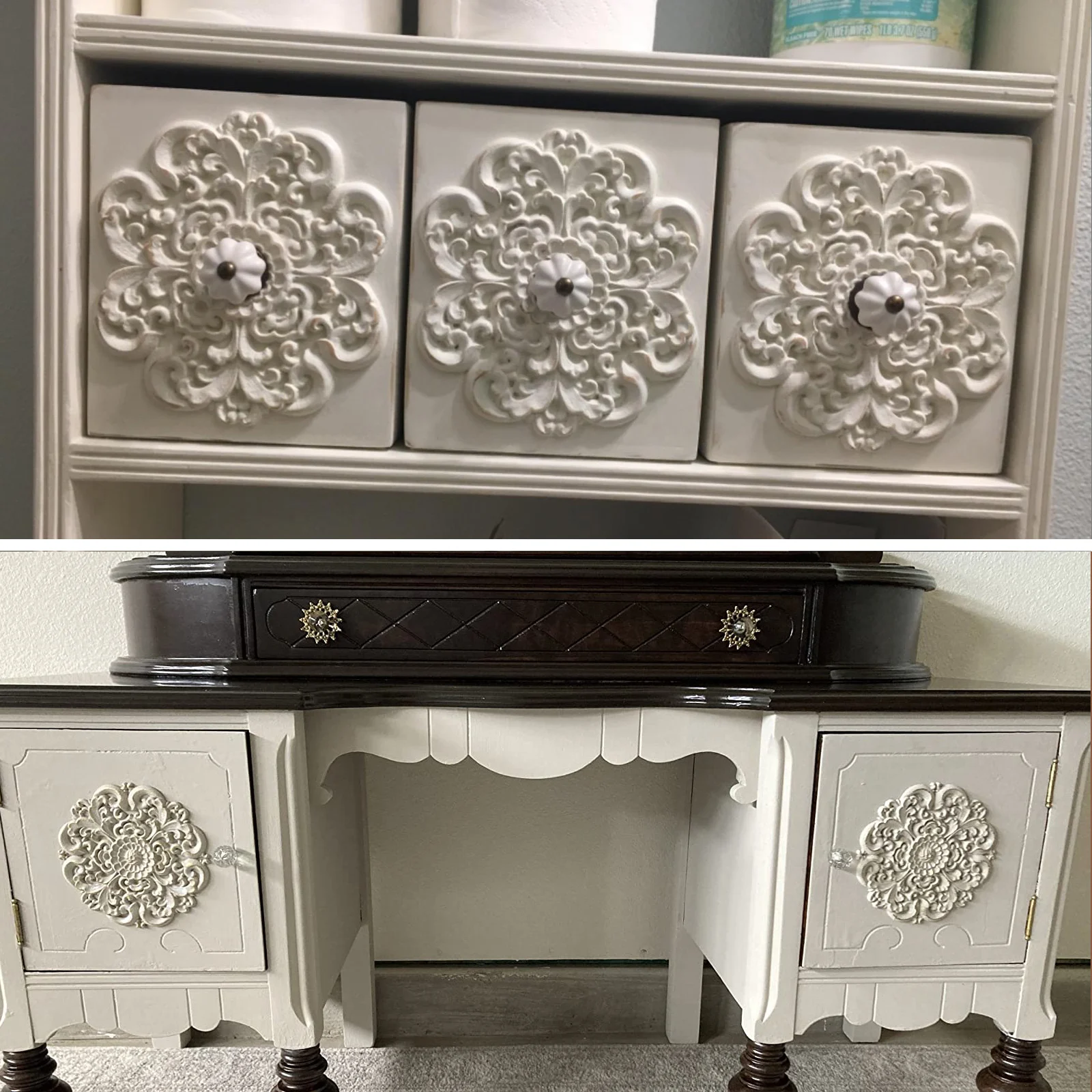 Description Picture 6 of item1pc Round Flower Wood Carving Decal Unpainted Disc Onlay Decor Door Furniture Symmetrical Court European Style 10cm 3D Disc