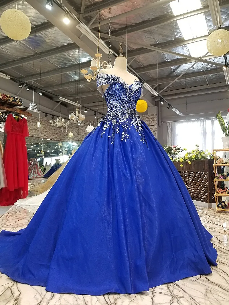 CloverBridal fora do ombro pescocho V azul real vestido de 15 anos бальное платье Королевского синего цвета 50 см поезд пышные платья