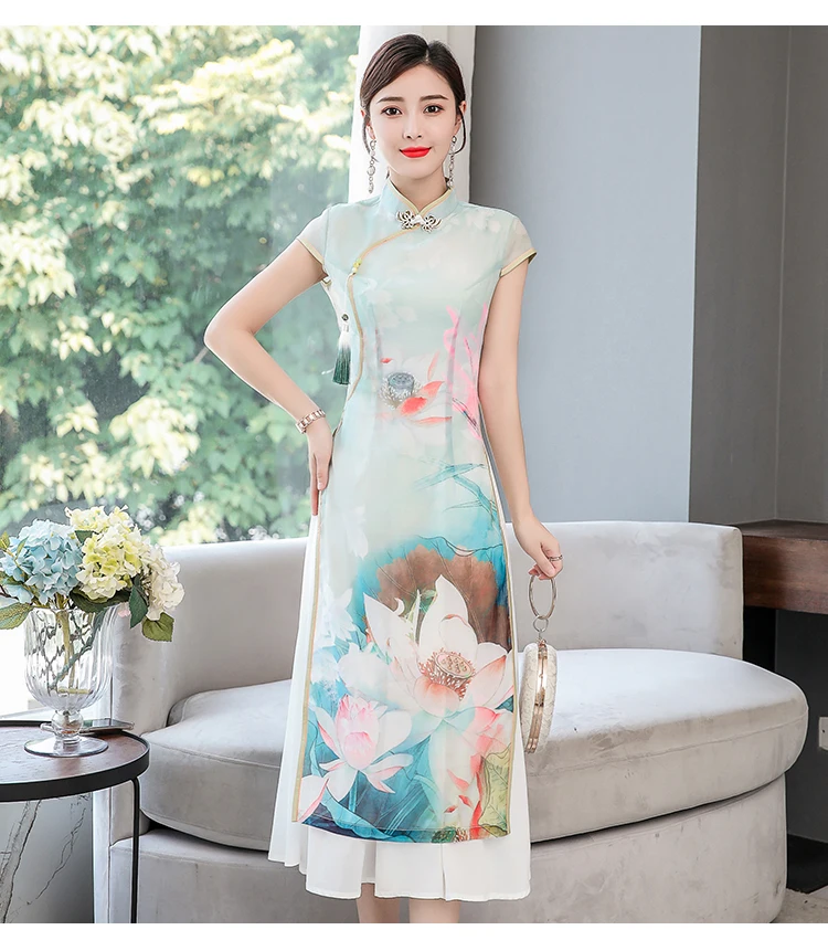 Fs6665 Одри улучшенное Cheongsam Летнее Длинное платье феи ветер свежий Лотос Большой размер повседневная жизнь ретро платье
