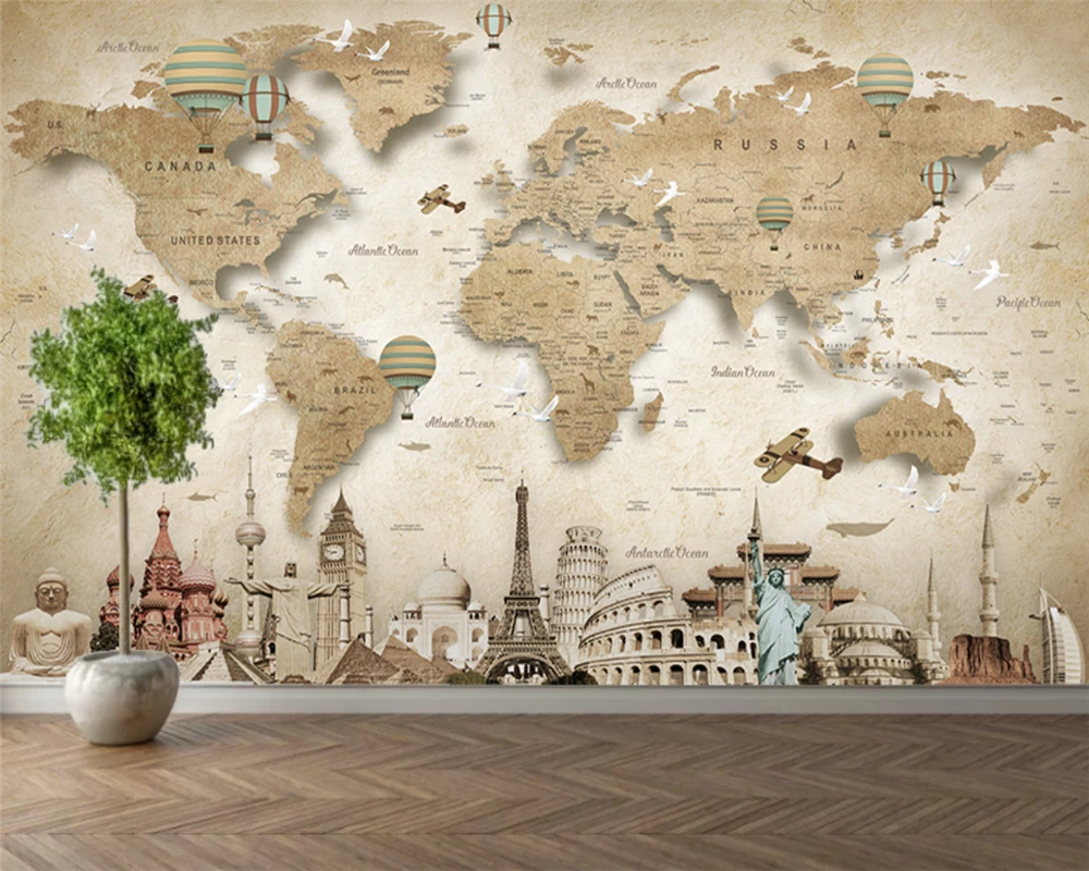 Custom Wallpaper World Map Places Of Interest Architecture Tv Background  Murals Home Decoration Living Room Bedroom 3d Wallpaper - Wallpapers -  AliExpress