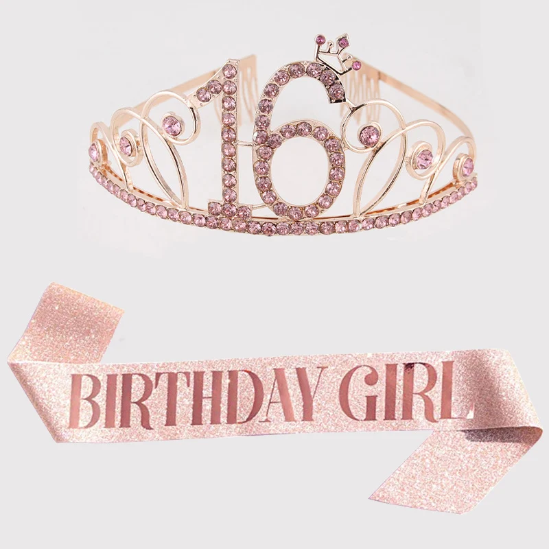 

2Pcs Glitter Happy Birthday 16th Sash Crown Queen Etiquette Belt Rose Gold Cloth Women Birthday Dress Up Birthday Party Supplies