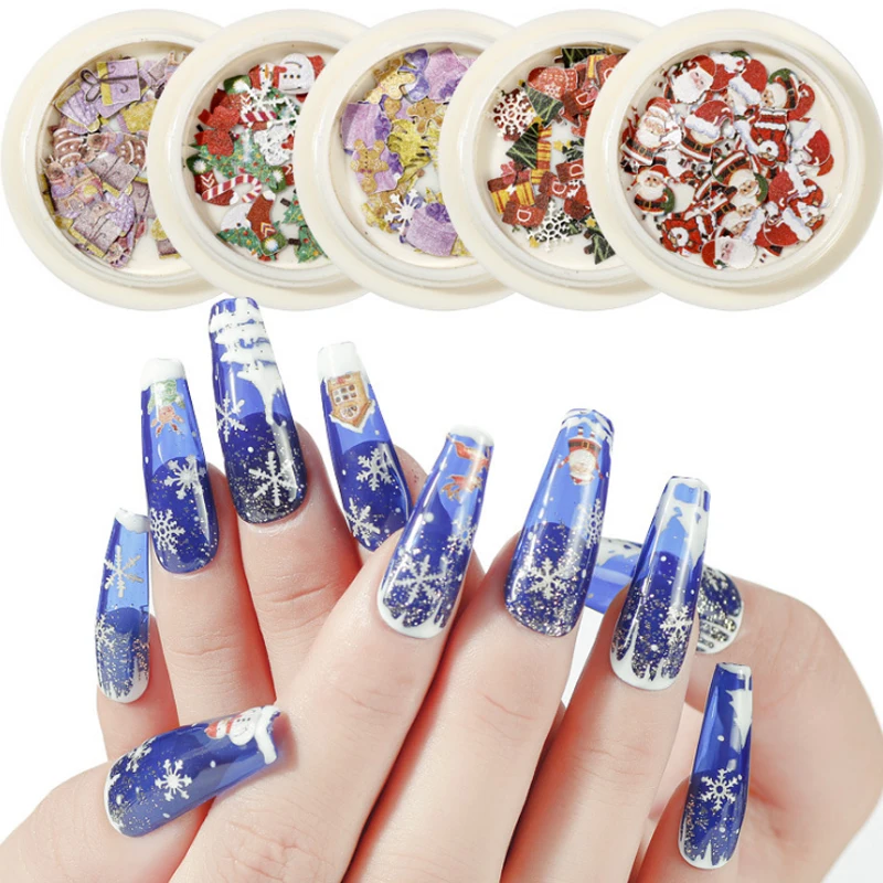 

1Box Christmas SnowFlakes Snowman Tree Gift Elk Nail Art Sequins For Craft Matte Confetti 3D Wood Pulps Slice Manicure Accessory