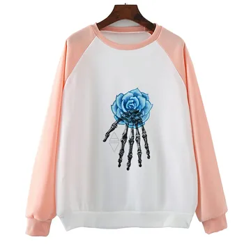 

Skeleton Hand Blue Flower Womenlong Sleeve Camiseta Harajuku Sweatshirts Hoodie Printed Hoody Fitness Tops
