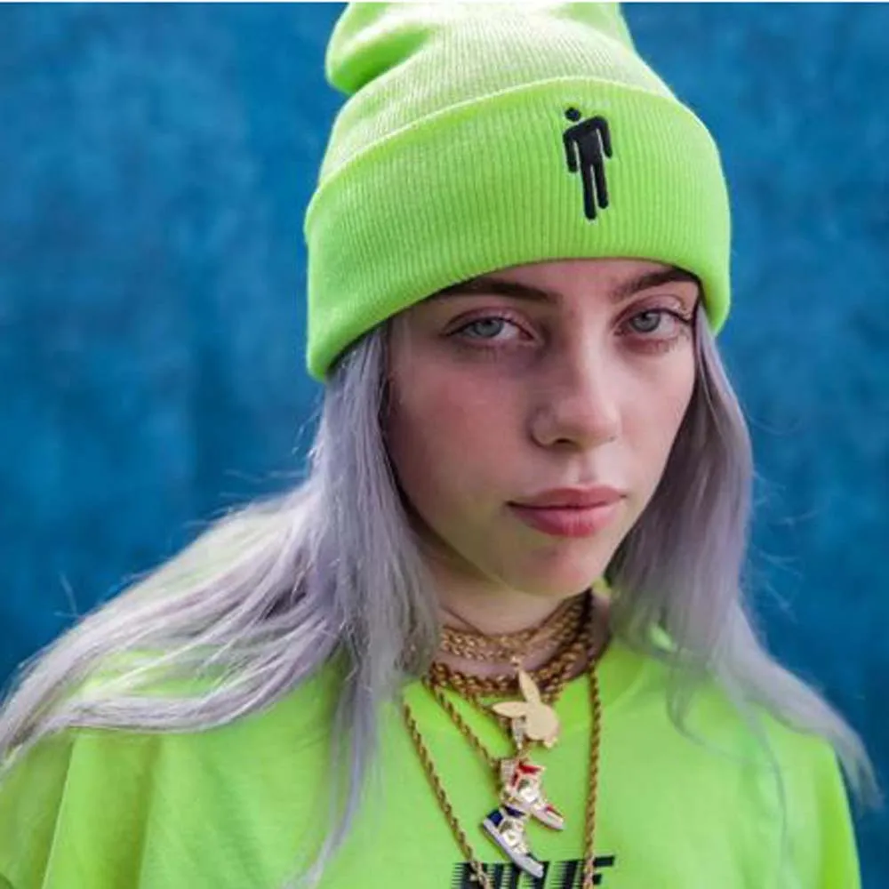 Шапка-бини с вышивкой Billie Eilish для женщин и мужчин, вязаные теплые зимние шапки для мужчин и женщин, одноцветные Повседневные шапки в стиле хип-хоп с манжетами