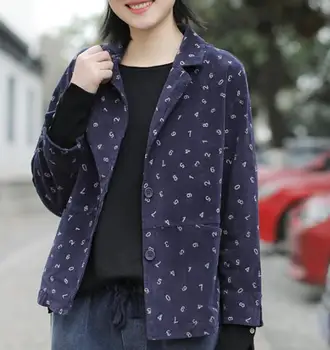

Spring Autumn Women's Corduroy Short Blazers Elegant Letter Printed Blazer Mujer Vintage Long Sleeve Jackets and Coats