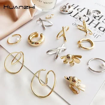 

HUANZHI2020 New Fashion Gold Color Metal Ear Cuff Earrings without Piercing Geometric Cartilage Earrings for Women Girl Jewelry