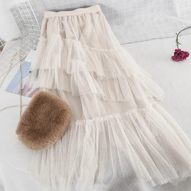 2019 New Dot Irregular Skirt Point Screen Summer Skirts Korean Fairy Lolita Style Asymmetrical Ruffles Empire | Женская одежда