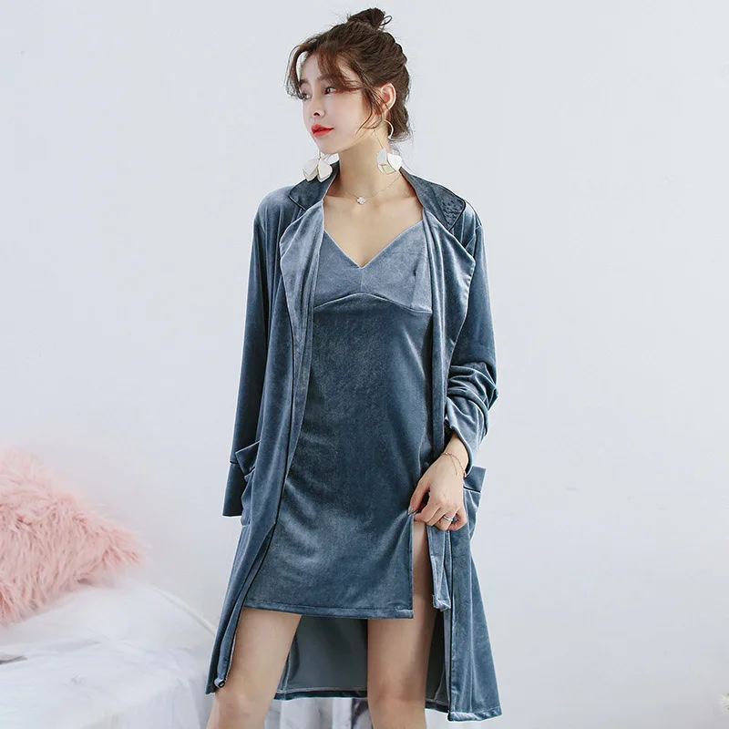 Grey Blue Пижама для женщин, зимний сексуальный халат, набор, золотой бархат, 2 штуки, ночное белье, женский халат, набор, длинный рукав, домашняя одежда, костюм - Цвет: Grey Blue