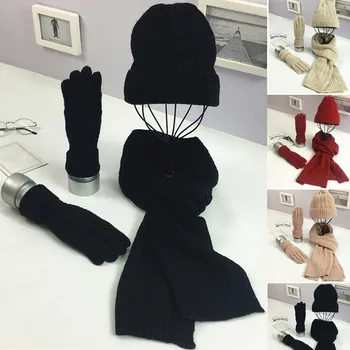 

New Style Winter Women Wooly Thick Knit Hat Scarf Gloves Set Warm Soft knitted Woollen Set