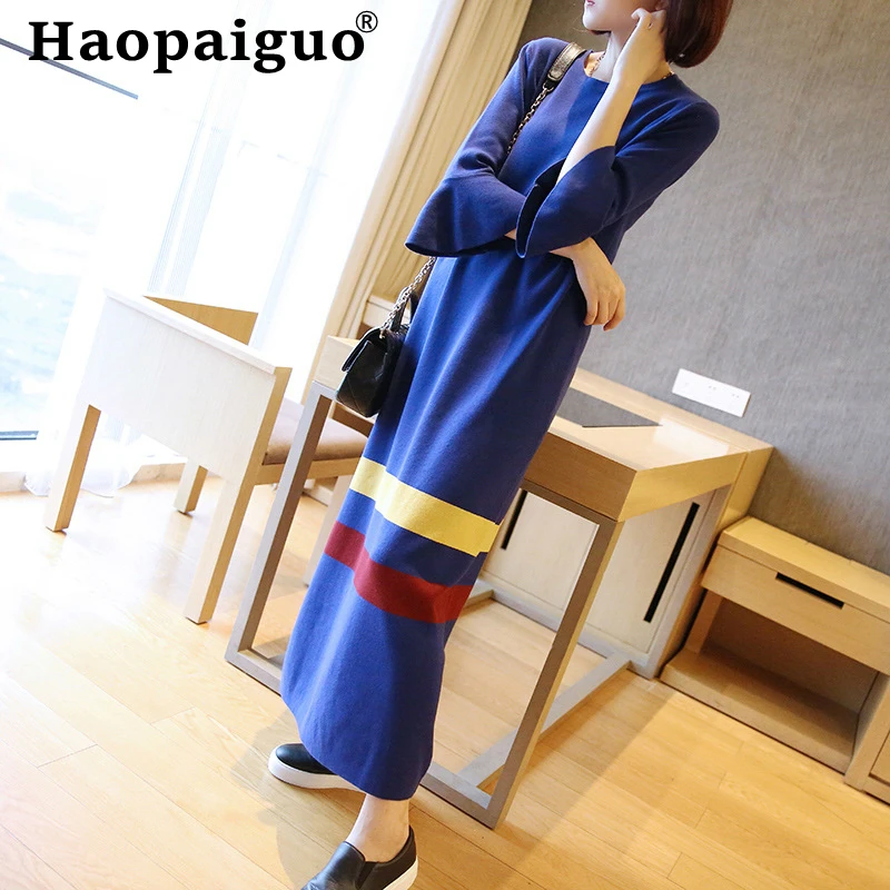 

M-XXL Plus Size Autumn Knitted Dress for Women Flare Sleeve Oversize Soft Brief Long Dress Women Casual Black Dresses Ladies