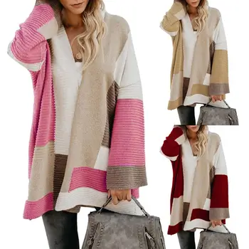 

Fashion Wild Style Casual Women Autumn Winter Warm Soft Geometric Color Block Loose Cardigan Knitted Coat