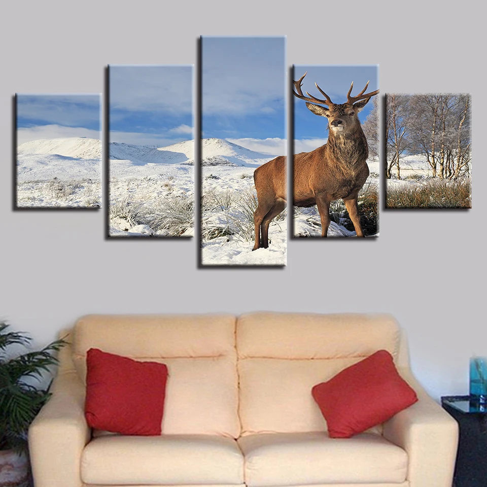 

Deer on the snow mountain 5 pcs Modern Home Wall Decor Canvas Picture Art HD Print Painting On Canvas for Living Room