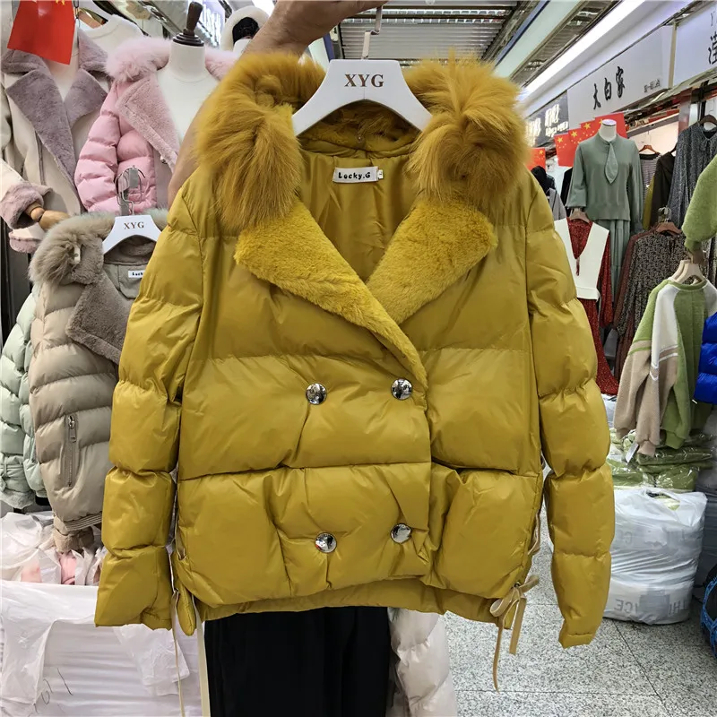 Новинка зимы, корейский пуховик из хлопка, женская короткая куртка с меховым воротником и хлопковой подкладкой из овечьей шерсти, комбинированная парка, пальто