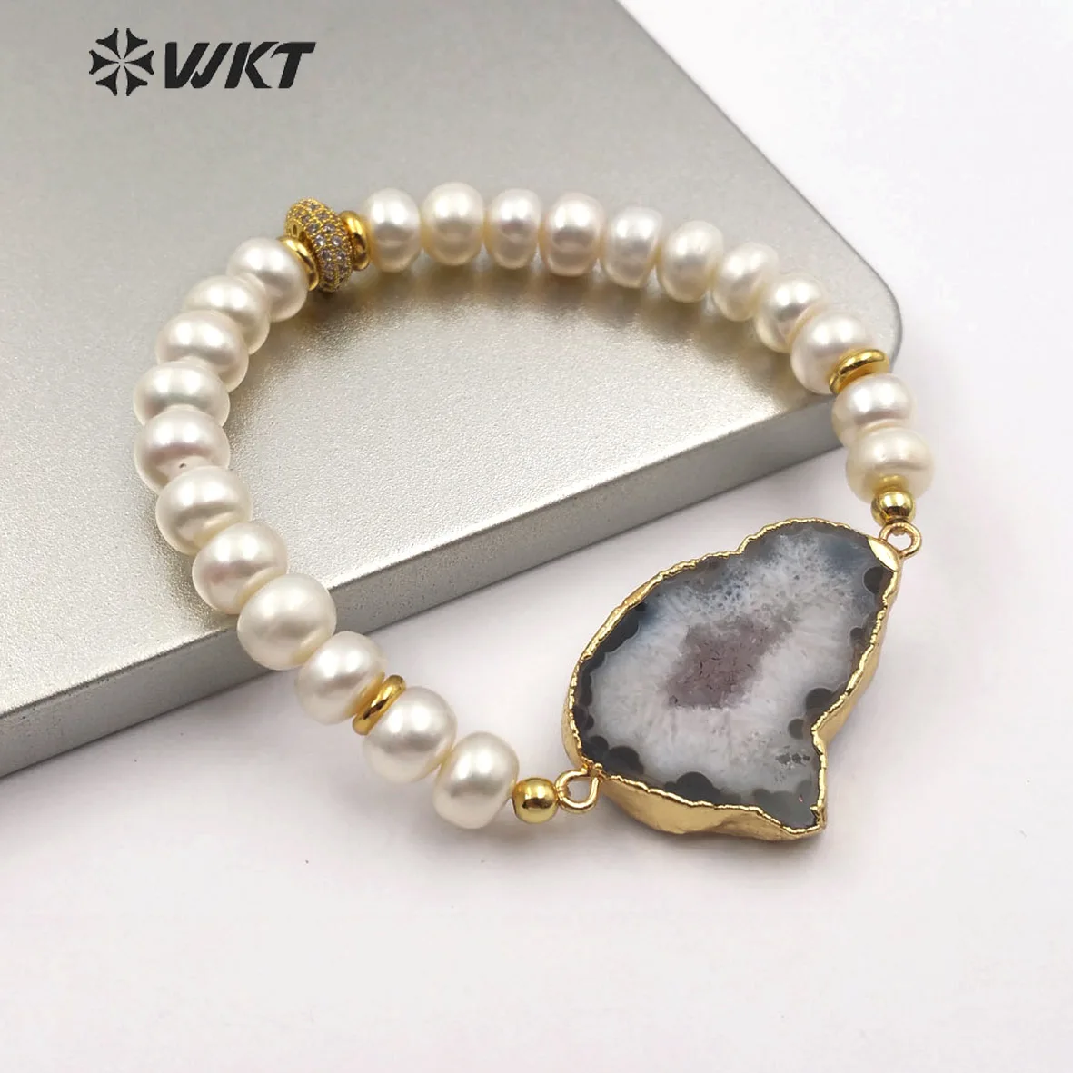 Фото WT-B492 жарко! Натуральный белый браслет из черных жемчужин geode каменные бусины с золотой отделкой бохо стиль женский браслет ювелирные изделия №2