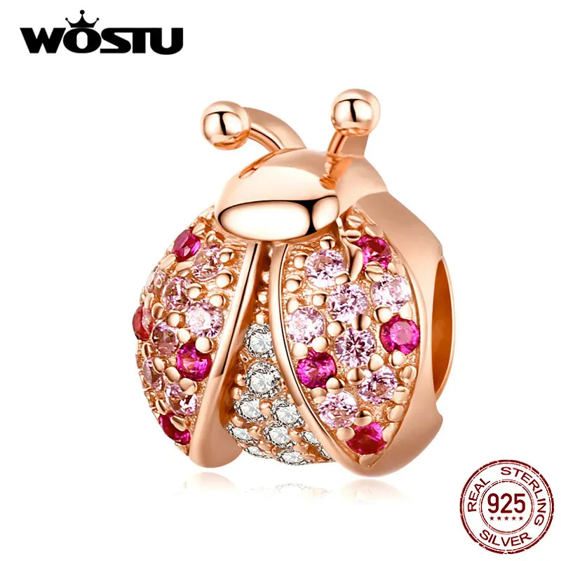 WOSTU, 925 пробы, серебро, розовый, божья коровка, CZ бусины, подходят к оригинальному браслету, подвески, ожерелье, роскошные ювелирные изделия, изготовление CQC1120