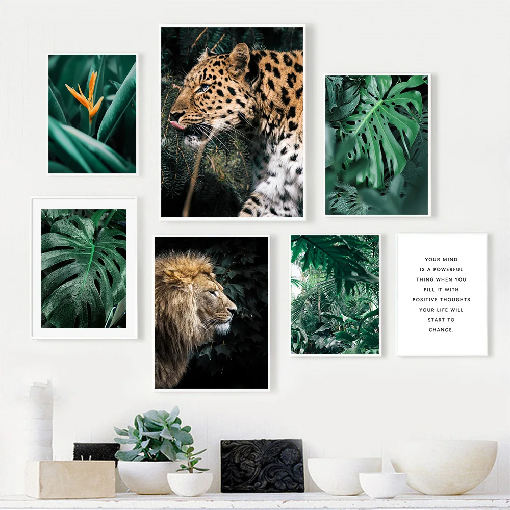 

Jungle Forest Lion Leopard Wall Art Canvas Painting Animal Art Prints Flower Monstera Leaves Poster Nordic Picture Home Decor