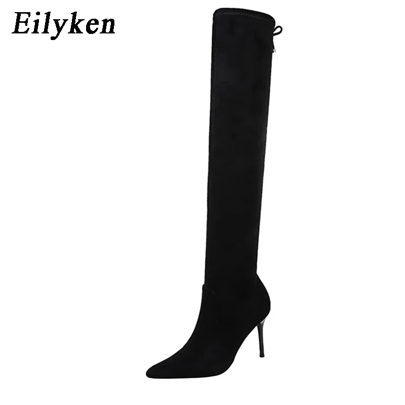 EilyKen/зимние теплые короткие плюшевые сапоги выше колена на шнуровке с металлическим украшением; женские модные высокие сапоги из флока с острым носком - Цвет: Black