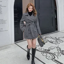 LIJS клетчатое винтажное длинное пальто женская верхняя одежда зима с длинным рукавом повседневное теплое приталенное пальто размера плюс кардиганы Manteau Femme