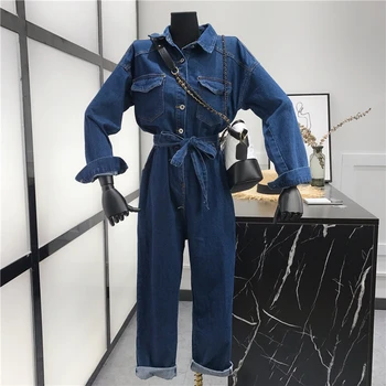 

2020 New Korean Workwear Cowboy Overalls Students Loose High-waist Jeans Jumpsuit Rompers Women Denim Trousers Girls Lady Jeans