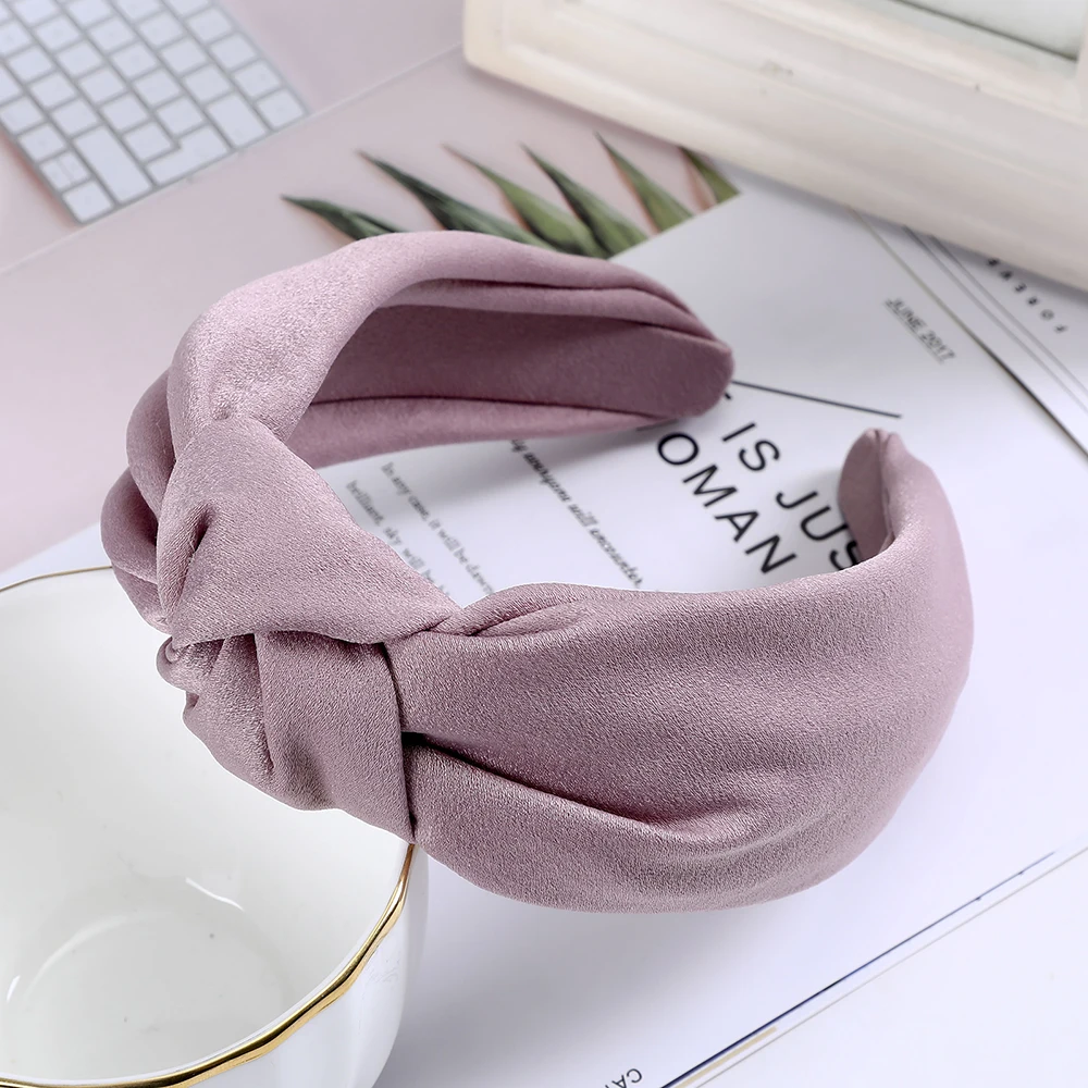 AWAYTR Fashion Satin Girls Hair Accessories For Women Solid Color Knotted Headband Wide Bezel Hairband Girls Hair Hoop Haarband - Цвет: F pink