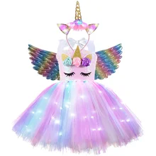 Children Unicorn Girls Dress With LED Light Shiny Flower Birthday Party Gift Halloween Cosplay Costume Kids Christmas Clothing