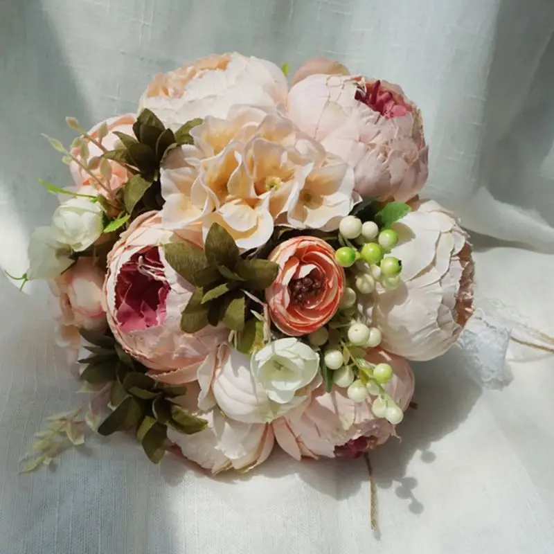 Ретро деревенский стиль невесты букеты Искусственный Пион поддельные розы Свадебные Холдинг цветок Длинная лента кружева вечерние украшения