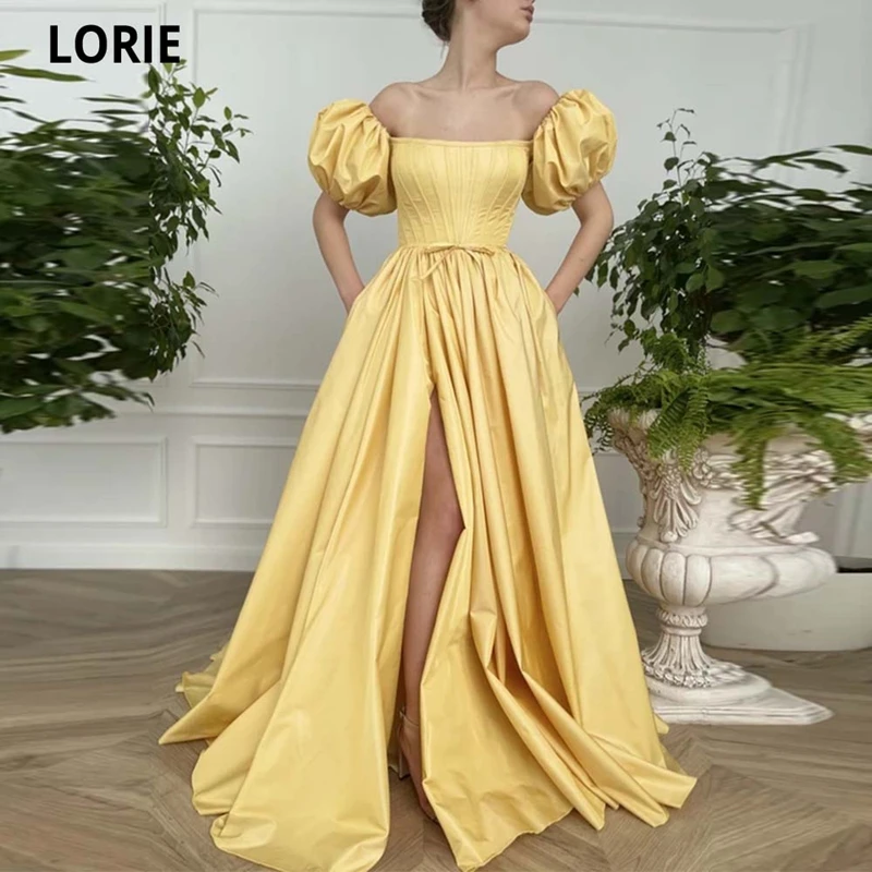 LORIE Long Taffeta A-line Prom Dress With A Leg Slit Robes De Soirée Formal Vestidos De Fiesta Puffy Short Sleeves Corset Back