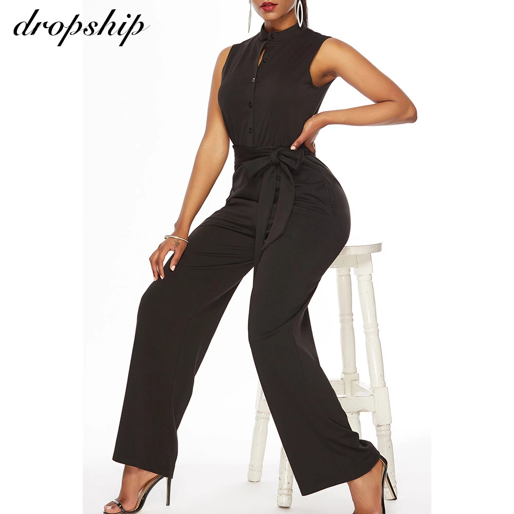

Dropship Stand Collar Button Fly Sleeveless Women Jumpsuit Solid Color Elastic Slim Mid Waist Female Wide Leg Staight Jumpsuit
