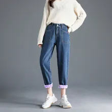 Теплые велюровые джинсы с высокой талией, женские ретро синие бойфренды, штаны до щиколотки, уличные джинсы-шаровары, Осень-зима