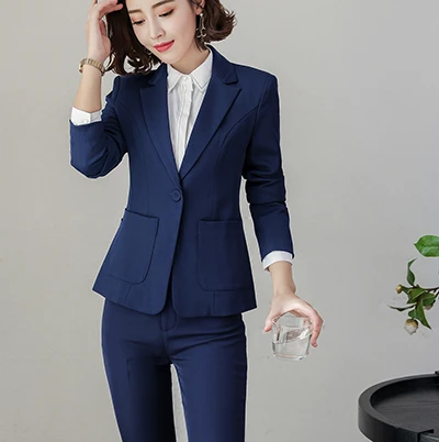 Blue Pant Suits Элегантный деловой женский брючный костюм комплект из двух предметов деловые офисные женские Костюмы Блейзер и брюки оранжевый черный синий - Цвет: Blue Pant Suits