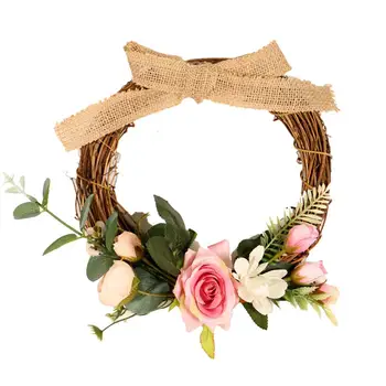 

Rose Flower Wreath with Burlap Knot Handmade Rattan Ring Garland Valentine's Day Gift Wedding Decoration Home Wall Decoration