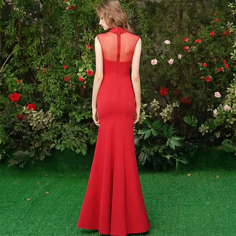 Красный Для женщин Русалка Вышивка Длинные вечерние платья, вечернее, элегантное, с воротником «Мандарин», для выпускного вечера, из сетчатого материала приталеное вечернее платье Vestido S-3XL