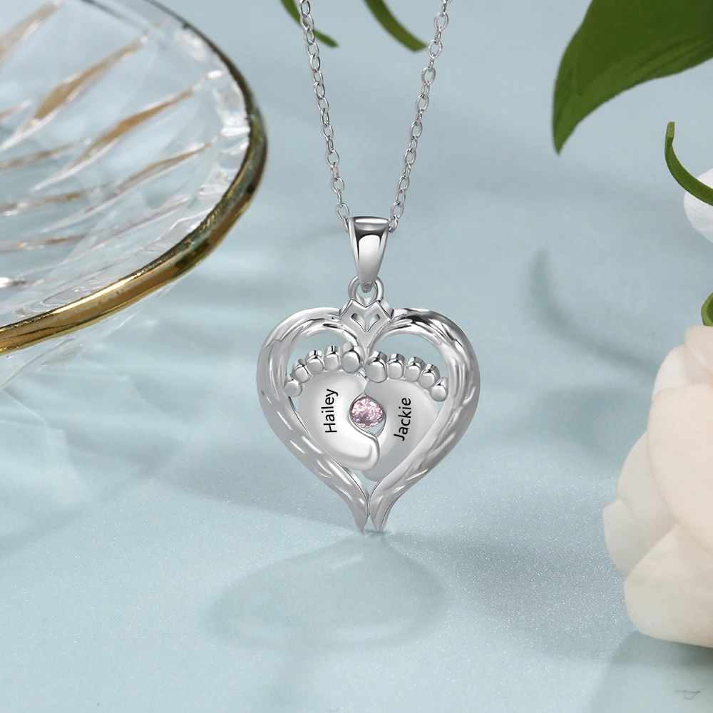 JewelOra 925 стерлингового серебра персонализированные детские ноги ожерелье с зодиакальным камнем серебро 925 кулон в форме сердца, украшения подарок для матери