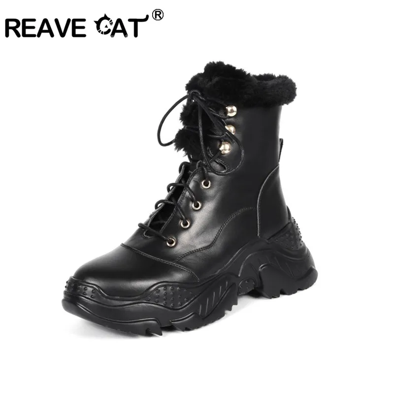 

REAVE CAT Women Platform snow boots Genuine Leather ankle boots rabbit fur warm winter shoes lace up thick bottom black white