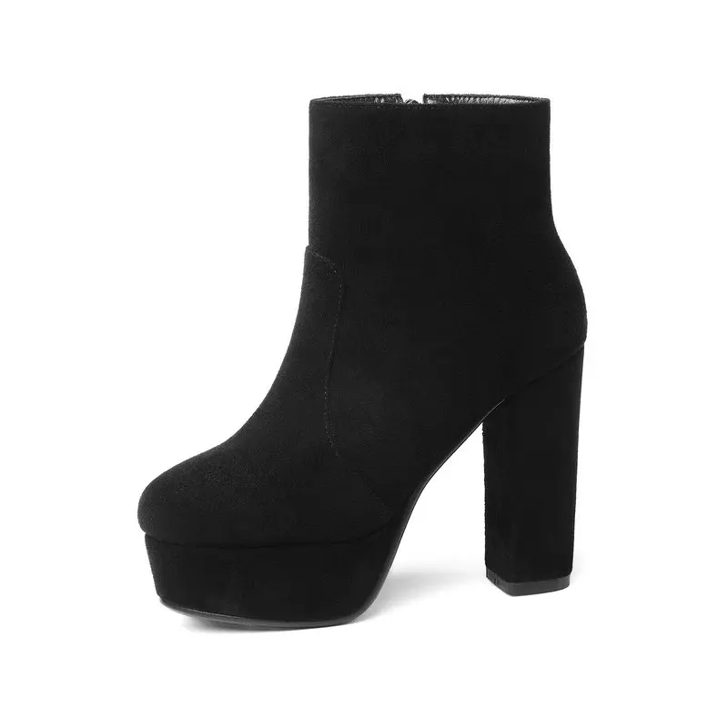 

LZJ 2019 new top quality flock leather boots women high heels platform ankle boots for women round toe autumn winter shoes