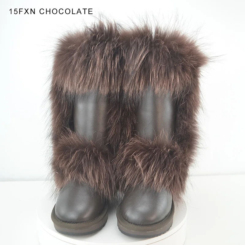 15FXN Chocolate INOE/Модные женские зимние сапоги из коровьей замши с натуральным лисьим мехом; зимние сапоги высокого качества; распродажа; Большие скидки; песочный цвет - Цвет: 15FXN Chocolate
