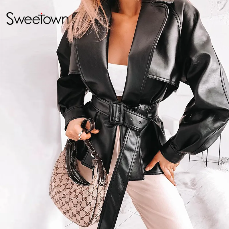 Sweetown новые женские гладкие Мотоциклетные Куртки из искусственной кожи женские с длинным рукавом Осень Зима Байкер уличная Черная куртка