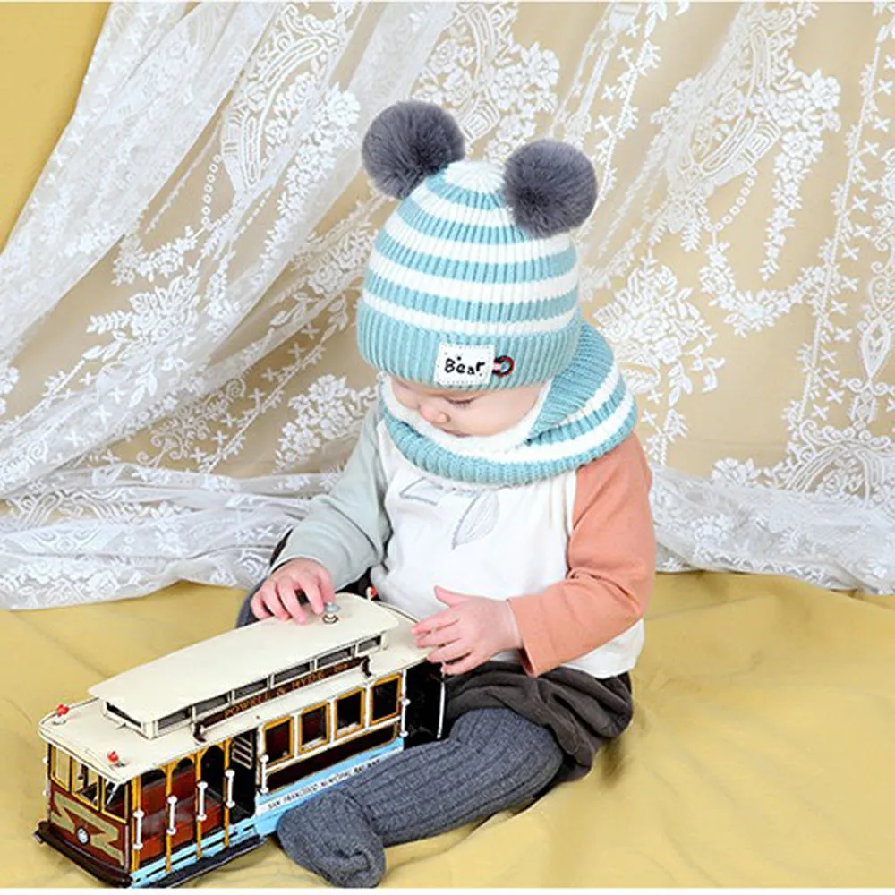 Комплект из 2 предметов в полоску унисекс высокого качества, удобная простая теплая зимняя детская шапка-шарф, шерстяная вязаная шапка, новинка года, 30H