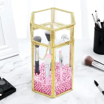 

Hexagon Glass Makeup Brush Box Sufficient Enduring Ruggedness Desktop Jewelry Cosmetic Pen Storage Organizer