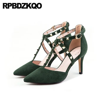 

Rivet Scarpin Plus Size Pointed Toe T Strap Stud Green Ladies 3 Inch Pumps Low Heels Summer Shoes Kitten High 12 44 Suede 11 43