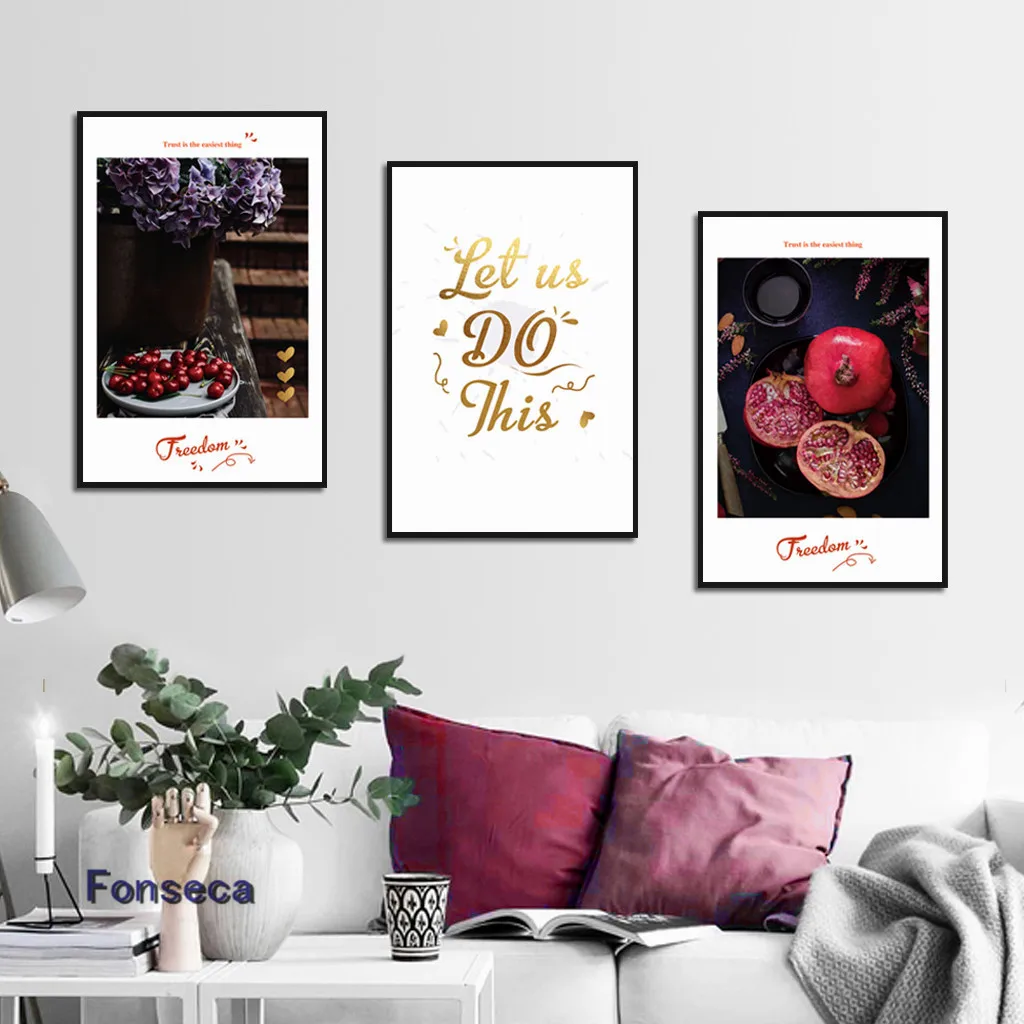 

Fresh Nordic Fruit Canvas Painting Hydrangea Red Pomegranate Cherries Poster Wall Art Letter Pictures For Living Room No Fr