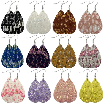 

1Pair Dangle Earrings For Women Trendy Long PU Leather Glitter Sparkly Lace Shape Drop Earrings Fashion Jewelry