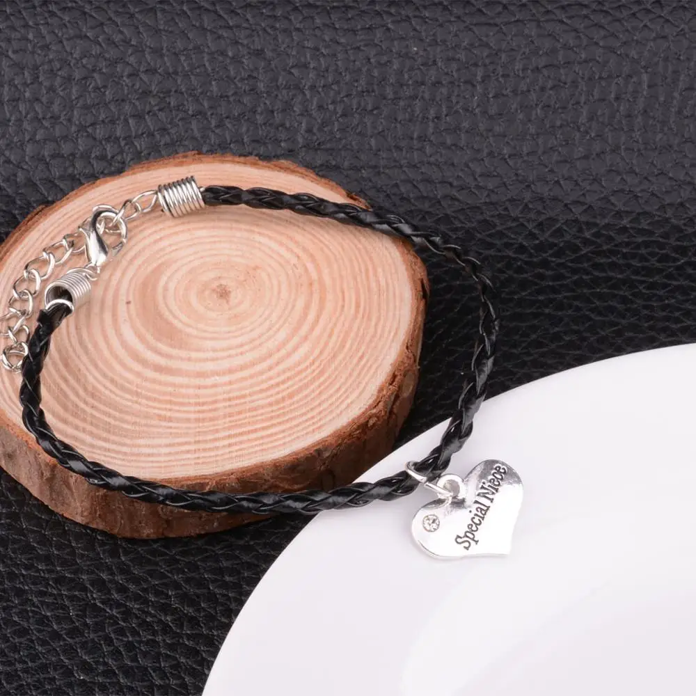 12 шт. черные кожаные браслеты с цепочкой из веревки, специальные браслеты для маленькой девочки, прозрачная подвеска в форме сердца с кристаллами, семейные женские вечерние подарки на Рождество, ювелирные изделия